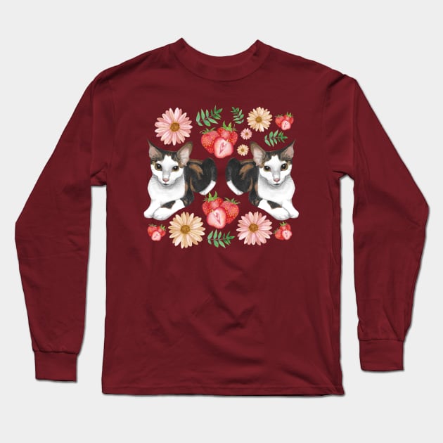 Calico Cat with Strawberries Daisies and Leaves Long Sleeve T-Shirt by Penny Passiflora Studio